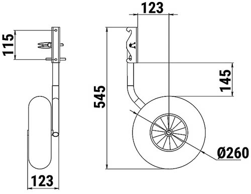 Колёса транцевые откидные, усиленные, 260 мм, В 545 мм